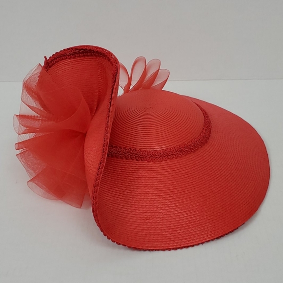 Vintage Red Lace Straw Hat Polyester 21" Elegant Luxury Accessory - Picture 4 of 7